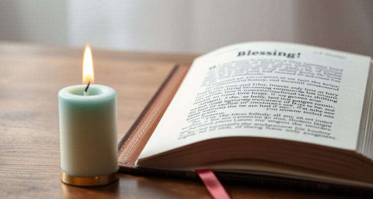 Świeca urodzinowa obok otwartej Biblii z zaznaczonym wersetem o błogosławieństwie - życzenia urodzinowe religijne